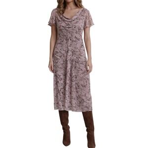 Vintage 90s Elegant Chic Paisley Print Sheer Cowl Neck Drop Waist Midi Dress